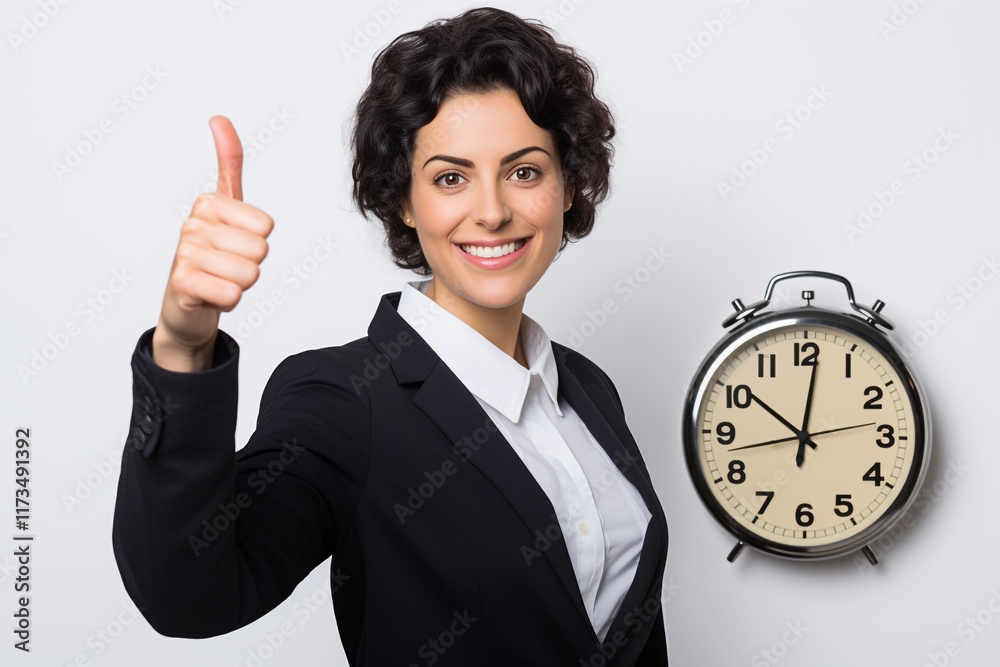 Businesswoman Showing Thumbs Up with Office Wall Clock: Time Management and Success Businesswoman Showing Thumbs Up with Office Wall Clock: Time Management and Success