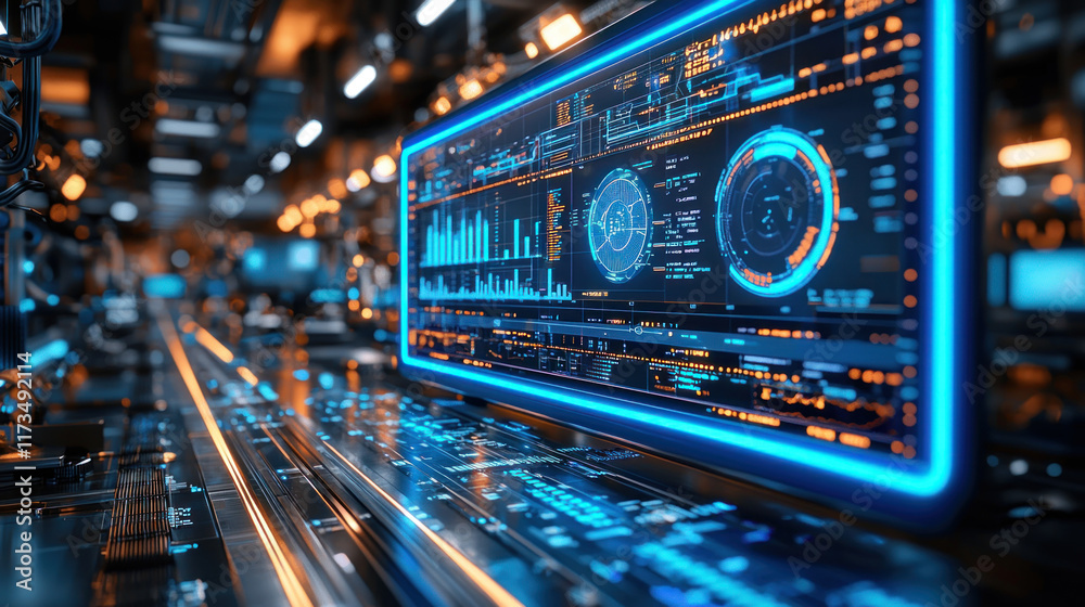 Obraz premium Factory control panel displaying data visualizations in automated production line