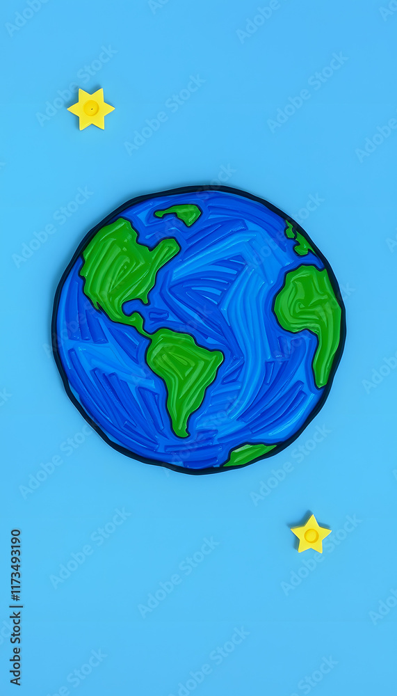Naklejka premium Handmade, children's art. Planet earth on a blue background, pixel art, with white tones