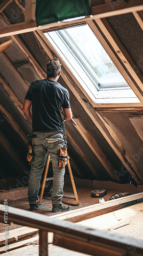 A contractor installing a new skylight in an attic conversion.
