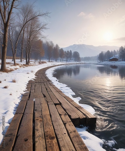 Wooden embankment by the riverside against a backdrop of snowy landscape, snow-covered, picturesque, panorama photo