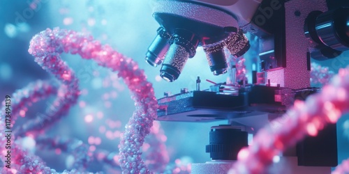 Genetic testing scenario with a close-up of DNA strands, microscopes, and advanced testing kits