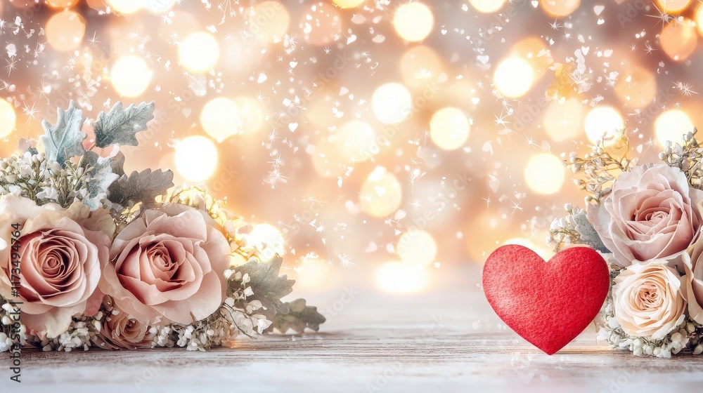 Fototapeta premium Romantic roses, red heart, bokeh lights