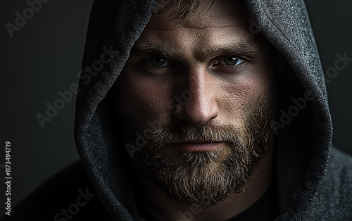 Studio portrait of a bearded man wearing a hoodie, captured with moody lighting against a dark gray background, creating a dramatic and introspective look.

 photo