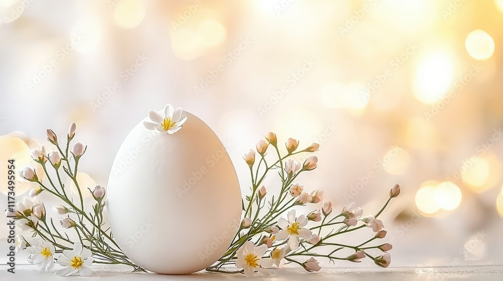 White egg, delicate spring blossoms, bokeh background White egg, delicate spring blossoms, bokeh background