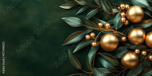 Wallpaper Mural Christmas decorations, golden ornaments, metallic leaves, pine branches, teal background, elegant holiday arrangement, luxurious festive display, shiny baubles, berries, sophisticated color palette, f Torontodigital.ca