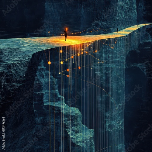 The concept of financial risk visualized as a bridge of glowing graphs stretching over a dark abyss, Surreal, Symbolic, High contrast.