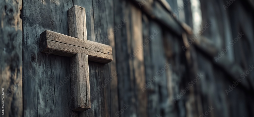 Wooden Cross on Weathered Barn Wall Symbolizing Faith and Spirituality, copy space for text Wooden Cross on Weathered Barn Wall Symbolizing Faith and Spirituality, copy space for text