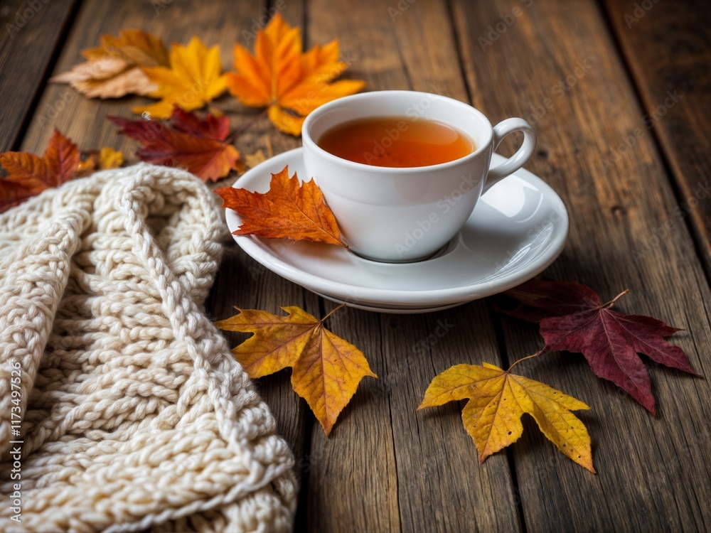 Warm tea and colorful leaves create a cozy autumn atmosphere at home Warm tea and colorful leaves create a cozy autumn atmosphere at home
