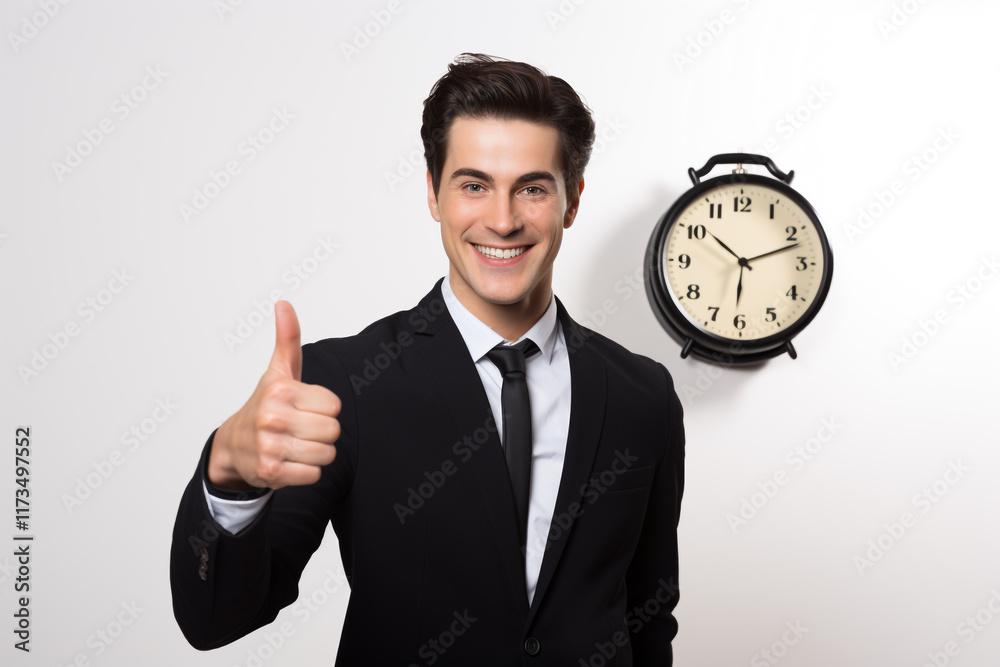 Businessman Showing Thumbs Up with Office Wall Clock: Emphasizing Time Management and Professional Success Businessman Showing Thumbs Up with Office Wall Clock: Emphasizing Time Management and Professional Success