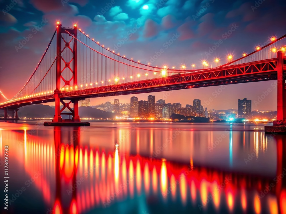Fototapeta premium Red Suspension Bridge Bokeh River Landscape - Stunning Night View