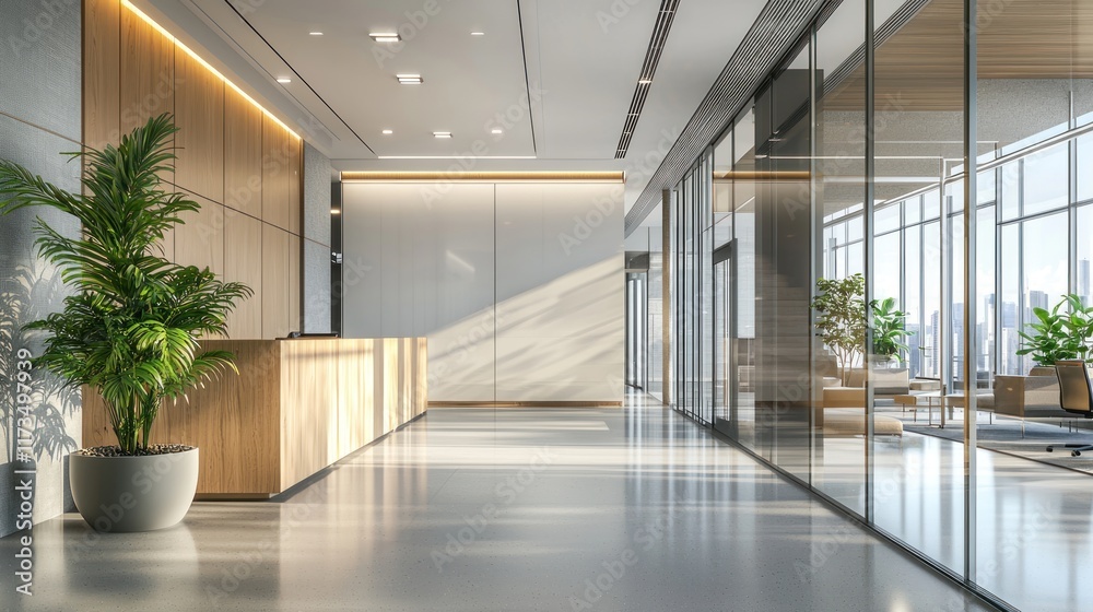 Fototapeta premium Modern Office Lobby Design: Sunlit Reception Area with City View