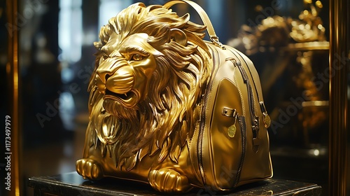 A school bag shaped like a roaring lion with a golden mane photo