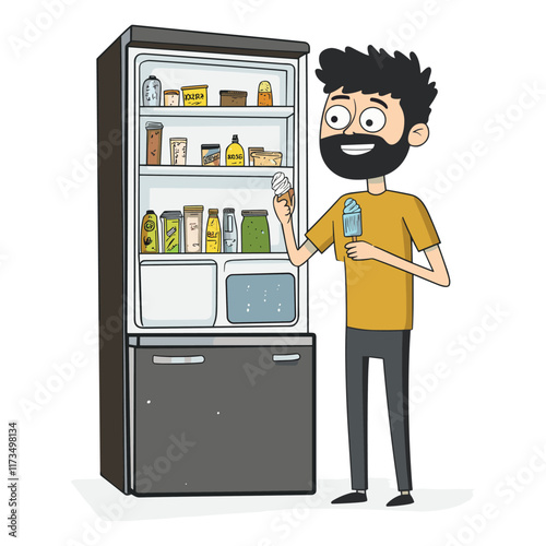 Elegant Illustration Of A Man stands fridge chooses food modern flat vector