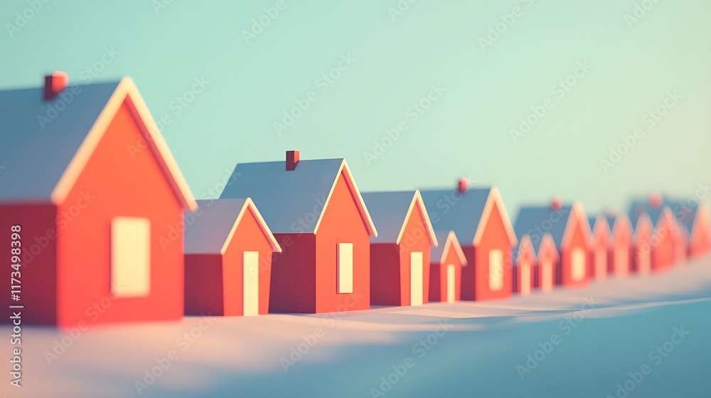 A Minimalist 3D Rendering of Upward Trending Red Low Poly Houses with White Roofs A Minimalist 3D Rendering of Upward Trending Red Low Poly Houses with White Roofs