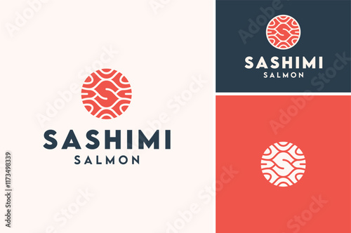 Circular Initial Letter S with Salmon Raw Meat texture for Sashimi Sushi Fish Dish or Seafood Restaurant logo design