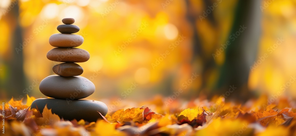 Obraz premium Balanced stone tower amidst vibrant autumn leaves, showcasing tranquility and nature's beauty, copy space for text