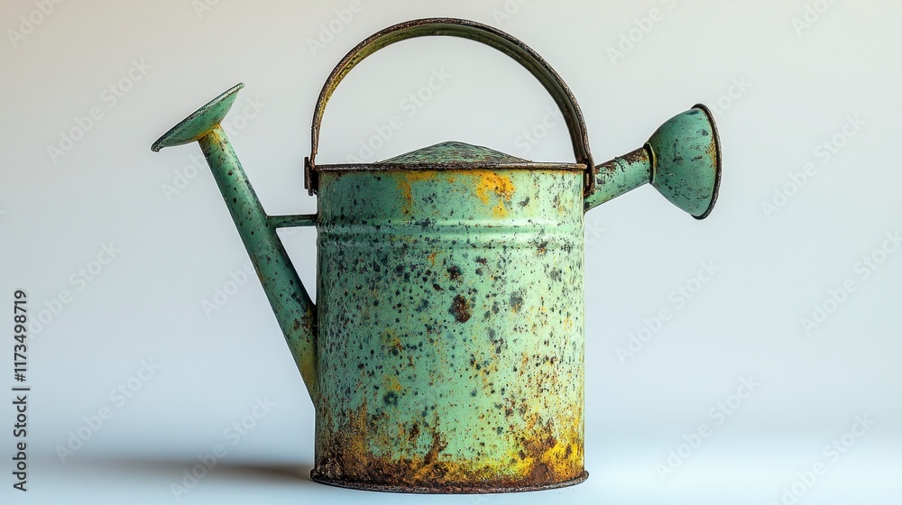 Rustic green metal watering can with rust. Rustic green metal watering can with rust.