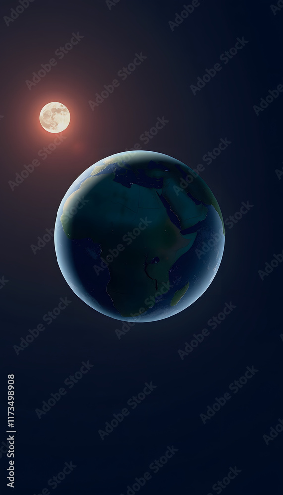 Fototapeta premium Africa from Space during Day - Planet Earth and Moon - The Blue Marble - 3D Illustration, minimalism, with white tones