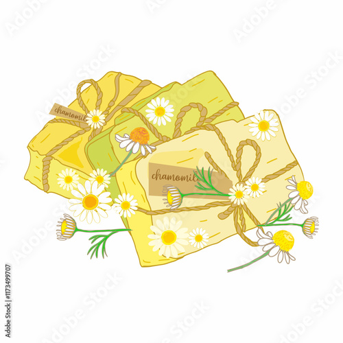 Handmade natural chamomile soap. Vector illustration.