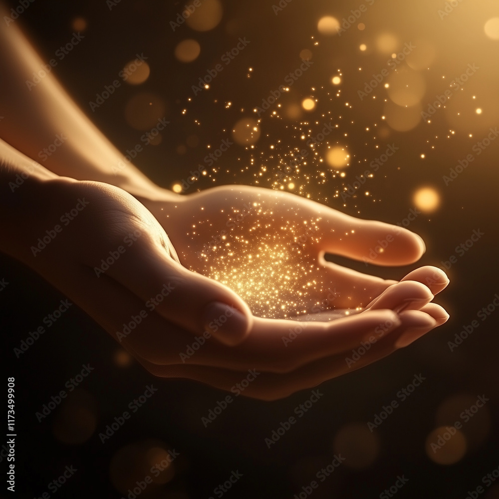 **Two hands gently cupped together, illuminated by a soft, warm light, with glowing magical particles and golden sparkles floating above the palms, set against a dim, neutral background, creating a my **Two hands gently cupped together, illuminated by a soft, warm light, with glowing magical particles and golden sparkles floating above the palms, set against a dim, neutral background, creating a my