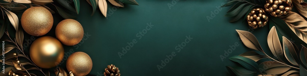 Christmas decorations, golden ornaments, metallic leaves, pine branches, teal background, elegant holiday arrangement, luxurious festive display, shiny baubles, berries, sophisticated color palette, f Christmas decorations, golden ornaments, metallic leaves, pine branches, teal background, elegant holiday arrangement, luxurious festive display, shiny baubles, berries, sophisticated color palette, f