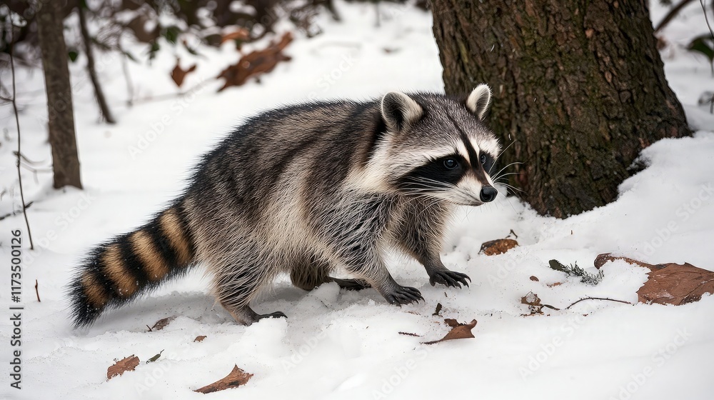 Obraz premium Raccoon winter forest snow wildlife nature.