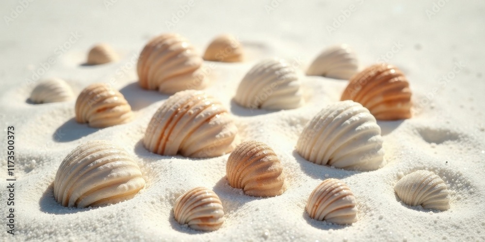 Seashells nestled in fine sand, bathed in sunlight, a summer beach scene Seashells nestled in fine sand, bathed in sunlight, a summer beach scene