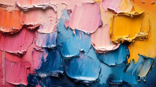 Abstract oil paint texture with pink, blue, and orange hues in thick brushstrokes.