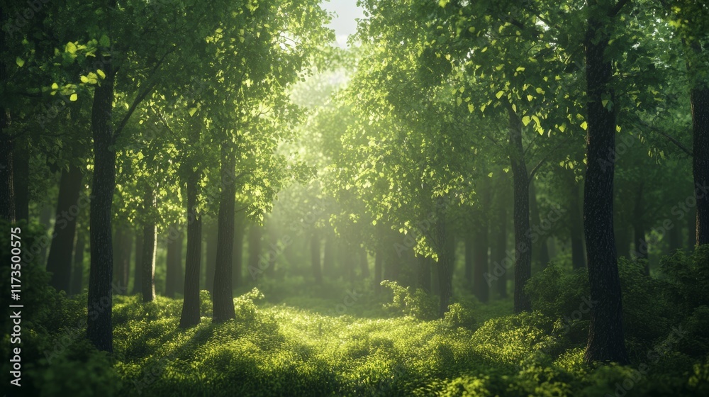 Obraz premium A forest with a lot of trees and a lot of sunlight. The trees are green and the sunlight is shining through the leaves