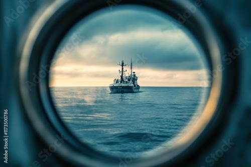 Periscope photography capturing a ship at sea, framed within the circular lens against a backdrop of soft clouds