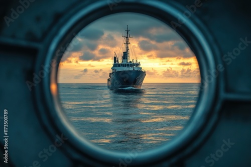 Periscope photography capturing a ship at sea, framed within the circular lens against a backdrop of soft clouds