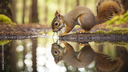 Red squirrel drinking water in forest puddle.