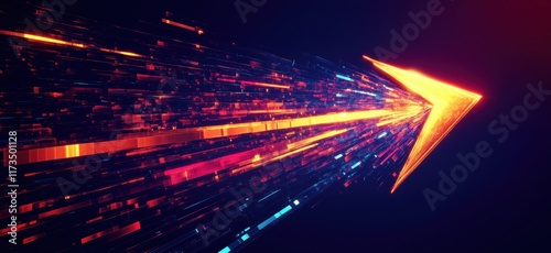 Dynamic arrow symbolizing speed and direction with vibrant digital particles and glowing effects, copy space for text