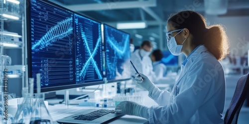 Research in genetics highlighted by a team of scientists, DNA imagery, and digital molecular models
