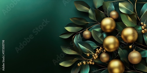 Wallpaper Mural Christmas decorations, golden ornaments, metallic leaves, pine branches, teal background, elegant holiday arrangement, luxurious festive display, shiny baubles, berries, sophisticated color palette, f Torontodigital.ca