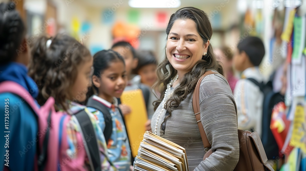 Obraz premium A teacher holding a stack of homework folders, smiling warmly as students line up to greet her at the start of class