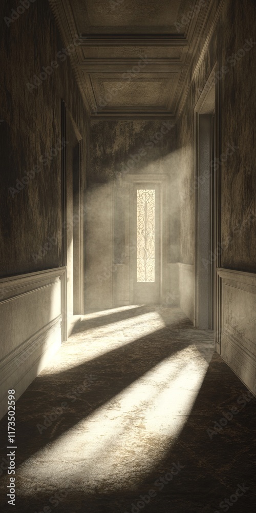 Obraz premium A dimly lit hallway featuring soft beams of light illuminating a dusty atmosphere. The contrasting shadows create a serene and mysterious mood, inviting exploration.
