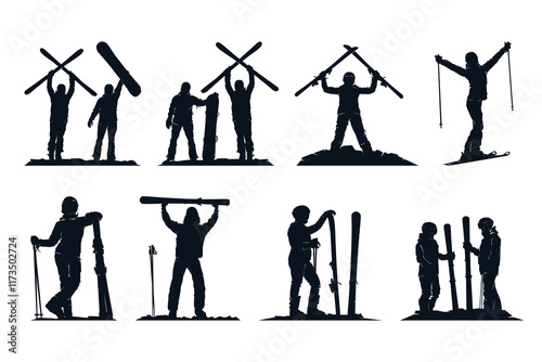 Silhouette collection of snowboarder and ice skier having fun together on winter, vector illustration