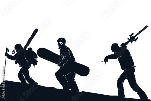 Silhouette of snowboarder and ice skier having fun together on winter, vector illustration