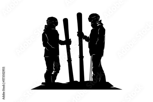 Silhouette of snowboarder and ice skier having fun together on winter, vector illustration