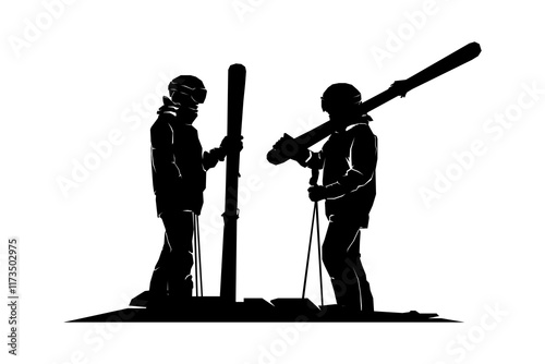 Silhouette of snowboarder and ice skier having fun together on winter, vector illustration