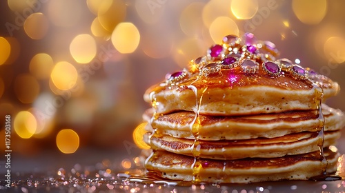 A stack of pancakes dripping in syrup decorated with shiny gemstone earrings and glitter photo