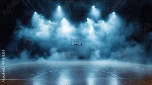 A dramatic basketball court scene with spotlights creating an atmospheric effect, surrounded by smoke and mist for a moody ambiance