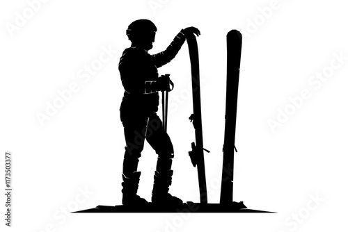 Silhouette of snowboarder, ice skier standing with ski board, winter sport, vector illustration