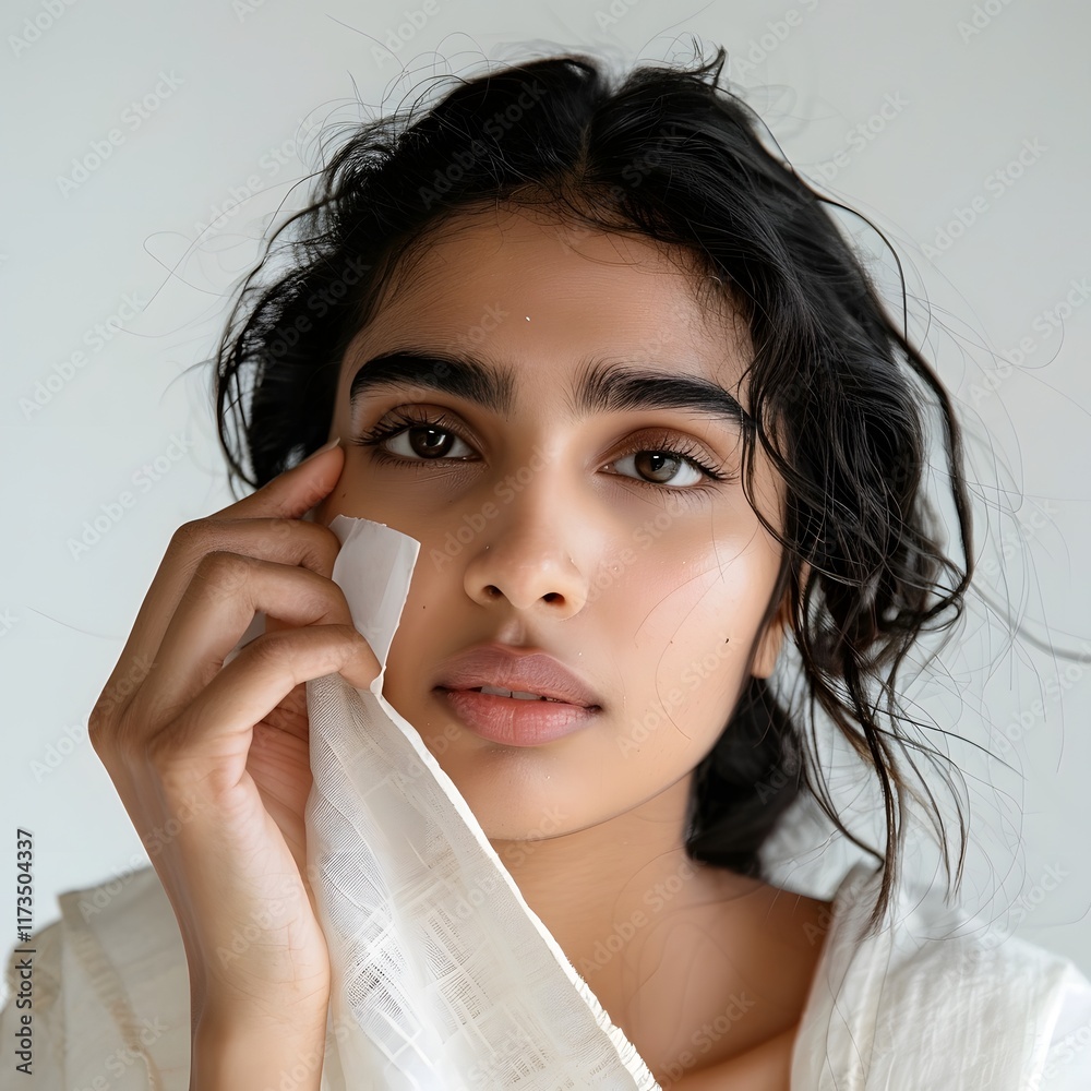 Young Indian Woman Applying Hydrating White Face Mask on Serene Skin in Close up Portrait