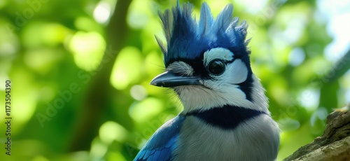 Blue Jay perched amidst vibrant green foliage, showcasing striking blue and white plumage, sharp beak, and distinctive crest, highlighting nature's beauty, copy space for text photo