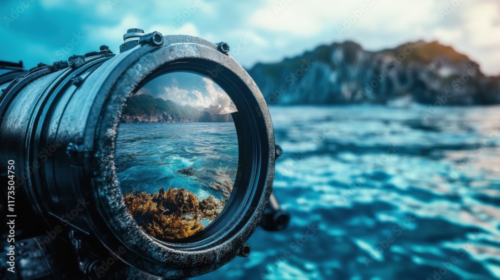 Tactical submarine periscope scanning a remote island, with sharp optics revealing intricate details onshore Tactical submarine periscope scanning a remote island, with sharp optics revealing intricate details onshore