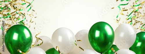 festive balloons, green and white color scheme, rustic wood background, party decoration, celebration atmosphere, birthday setup, holiday gathering, shiny latex balloons, helium-filled, floating ballo photo