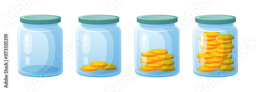 Illustration of empty jars and full of coins.